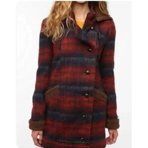 Staring at Stars Wool Blend Plaid Longline Button Zipper Front Hoodie Coat XS